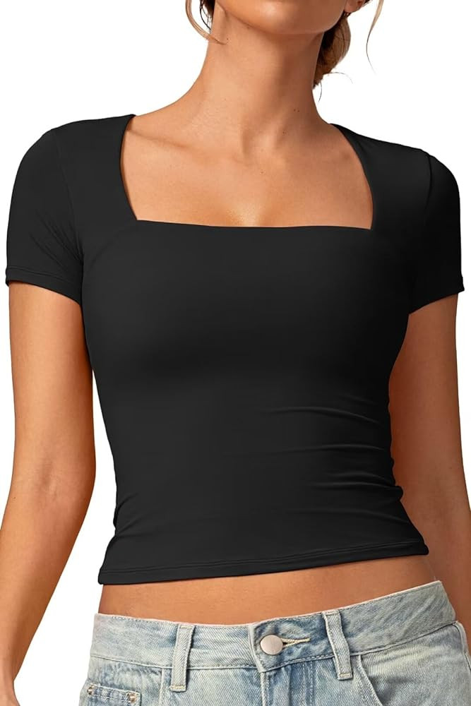 Vertvie Square Neck Tops for Women Short Sleeve Double Lined T Shirts Slim Fit Going Out Tops Sof... | Amazon (US)