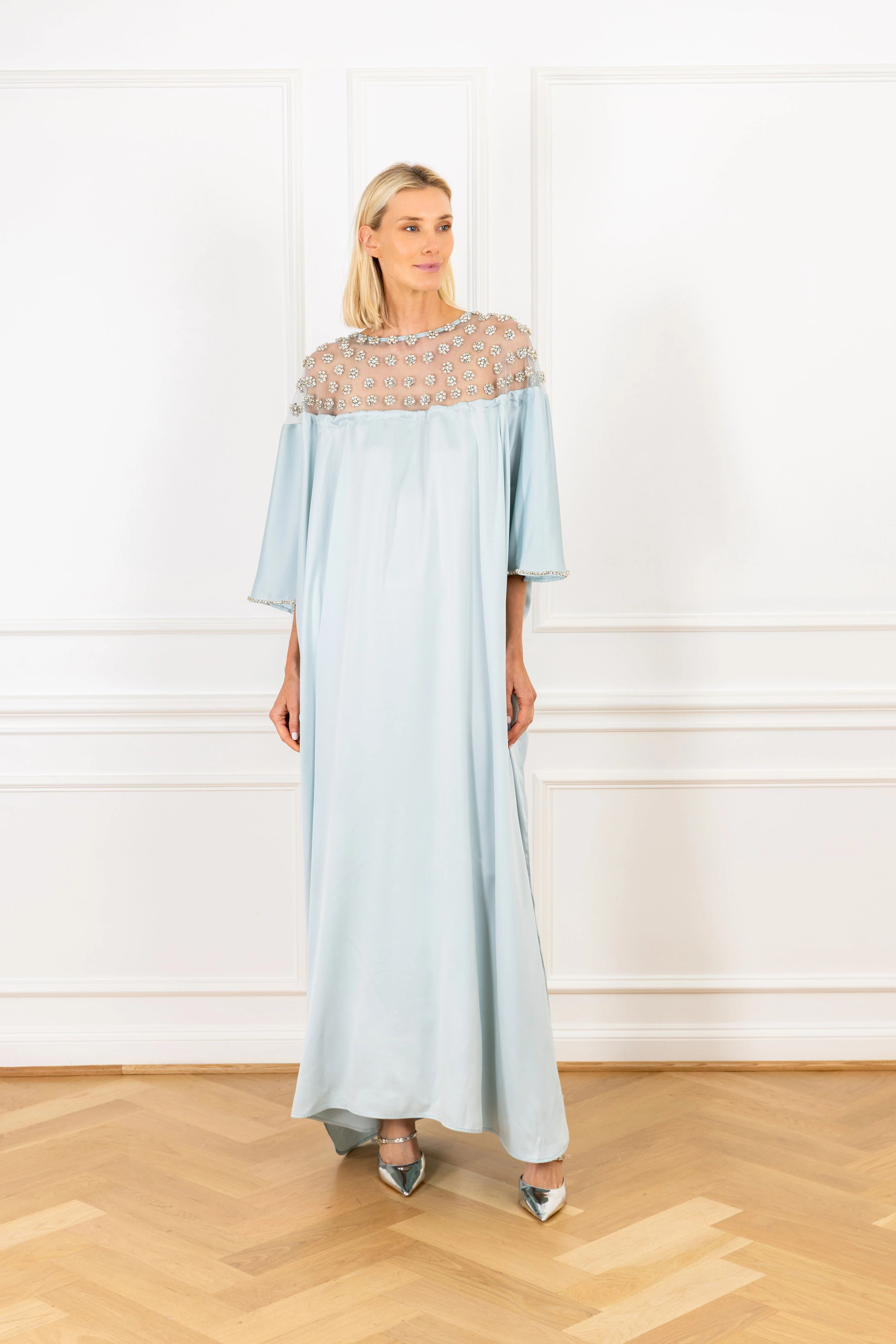 Rhinestone Sheer Blue Embellished Gown | La Vie Style House