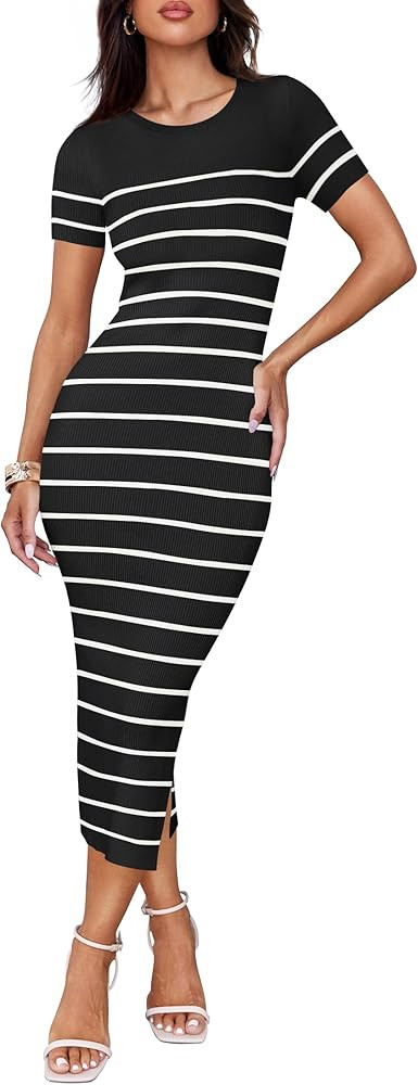ZESICA Women's Summer Bodycon Midi Dress 2024 Striped Short Sleeve Ribbed Knit Slim Fit Side Slit... | Amazon (US)