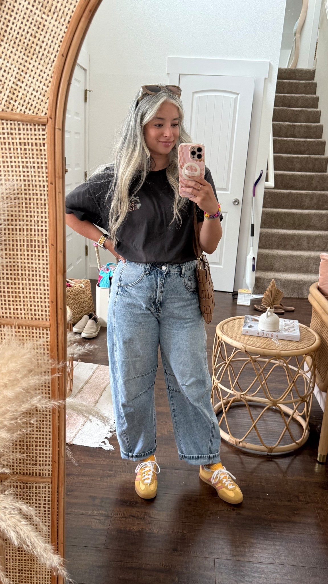 Mom style summer outfit inspo. Barrel jeans, adidas sneakers Day date. 

#LTKShoeCrush #LTKSummerEdit #LTKFindsUnder50