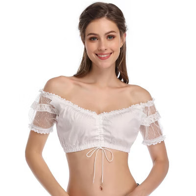 Women's White Off Shoulder Crop Top with Lace Sleeves Adjustable Drawstring Elastic Hem 1X | Target