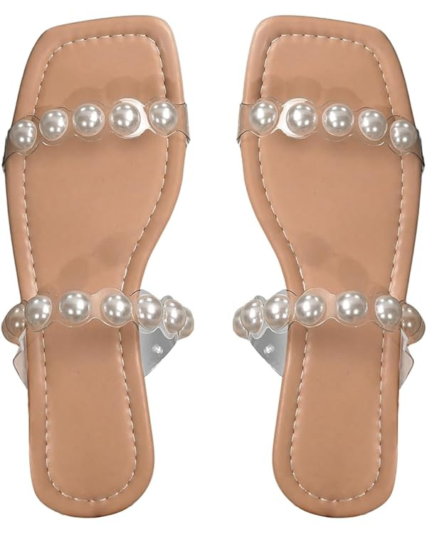 Verdusa Women's Pearls Clear Flat Sandals Square Toe Slides Slip On Transparent Sandals | Amazon (US)