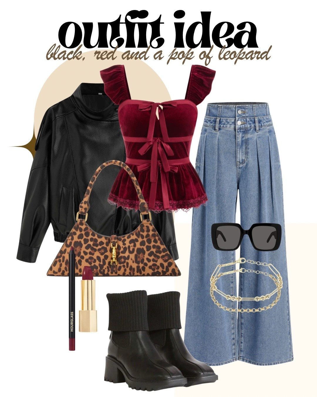 Bold, edgy, and impossible to ignore 🖤🔥 This look pairs a statement red velvet top with a sleek black leather jacket and wide-leg denim for the ultimate cool-girl contrast. Finished with a leopard print bag and chunky black boots, it’s the perfect mix of soft glam + street style attitude. Add a deep red lip and oversized sunnies and you’ve got a head-turning outfit for date night, concerts, or girls’ night out.

Every piece is linked and easy to style — if you love standout details and confident fashion, this one’s for you. Tap to shop before these bestsellers are gone 👠✨

#LTKfinds #LTKstyle #LTKfall #EdgyChic #LeopardPrintStyle #RedAndBlackOutfit #StatementTop #WideLegDenim #LeatherJacketLook #FallFashionInspo #TrendyOutfit #ShopTheLook #BoldStyle #NightOutOutfit #FashionMustHaves

#LTKootd #LTKHoliday #LTKFindsUnder50