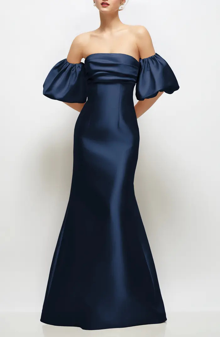 Alfred Sung Off the Shoulder Puff Sleeve Satin Gown | Nordstrom | Nordstrom