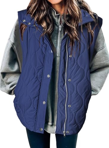 EVALESS Cropped Puffer Vest Women Lightweight Quilted Stand Collar Sleeveless Jackets Fall Winter 2025 Button Zip Up Coat Navy Blue XX-Large | Amazon (US)