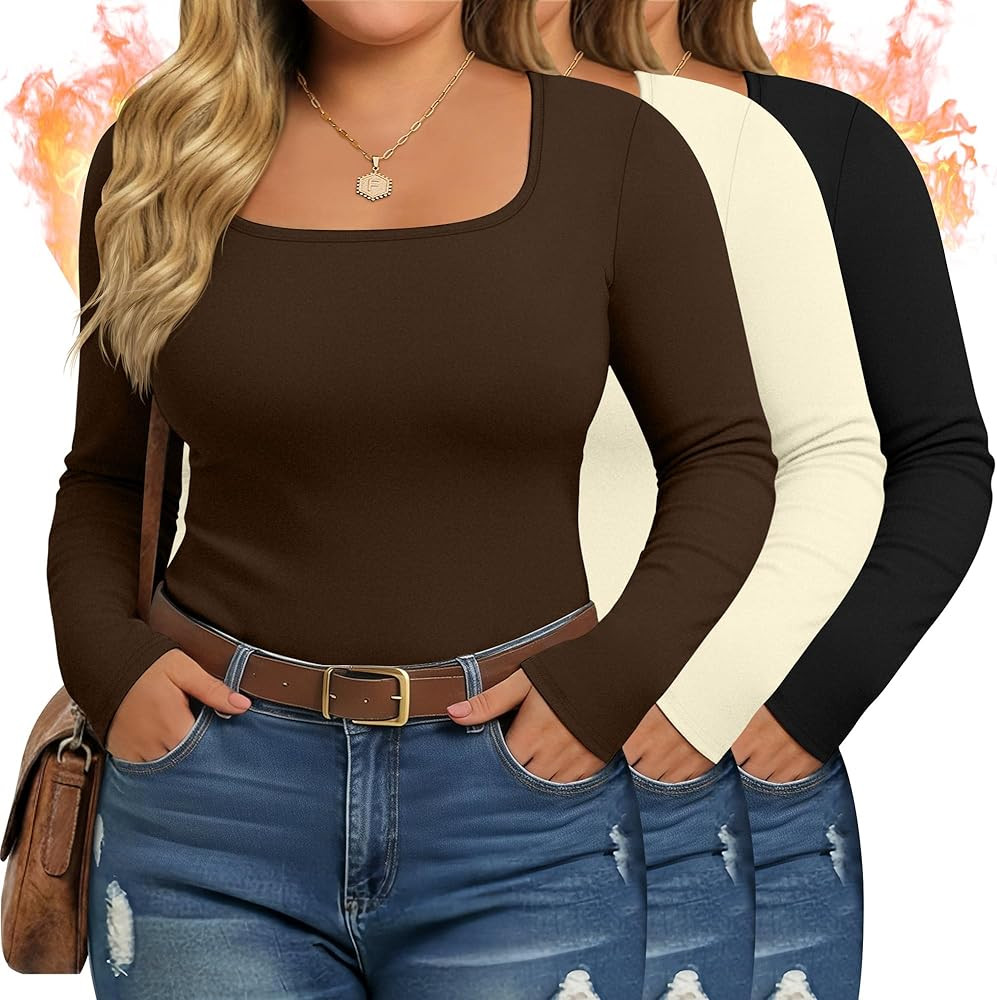 Evervibe 3 Pack Women's Plus Size Thermal Shirts Fleece Lined Long Sleeve Square Neck Slim Tops U... | Amazon (US)