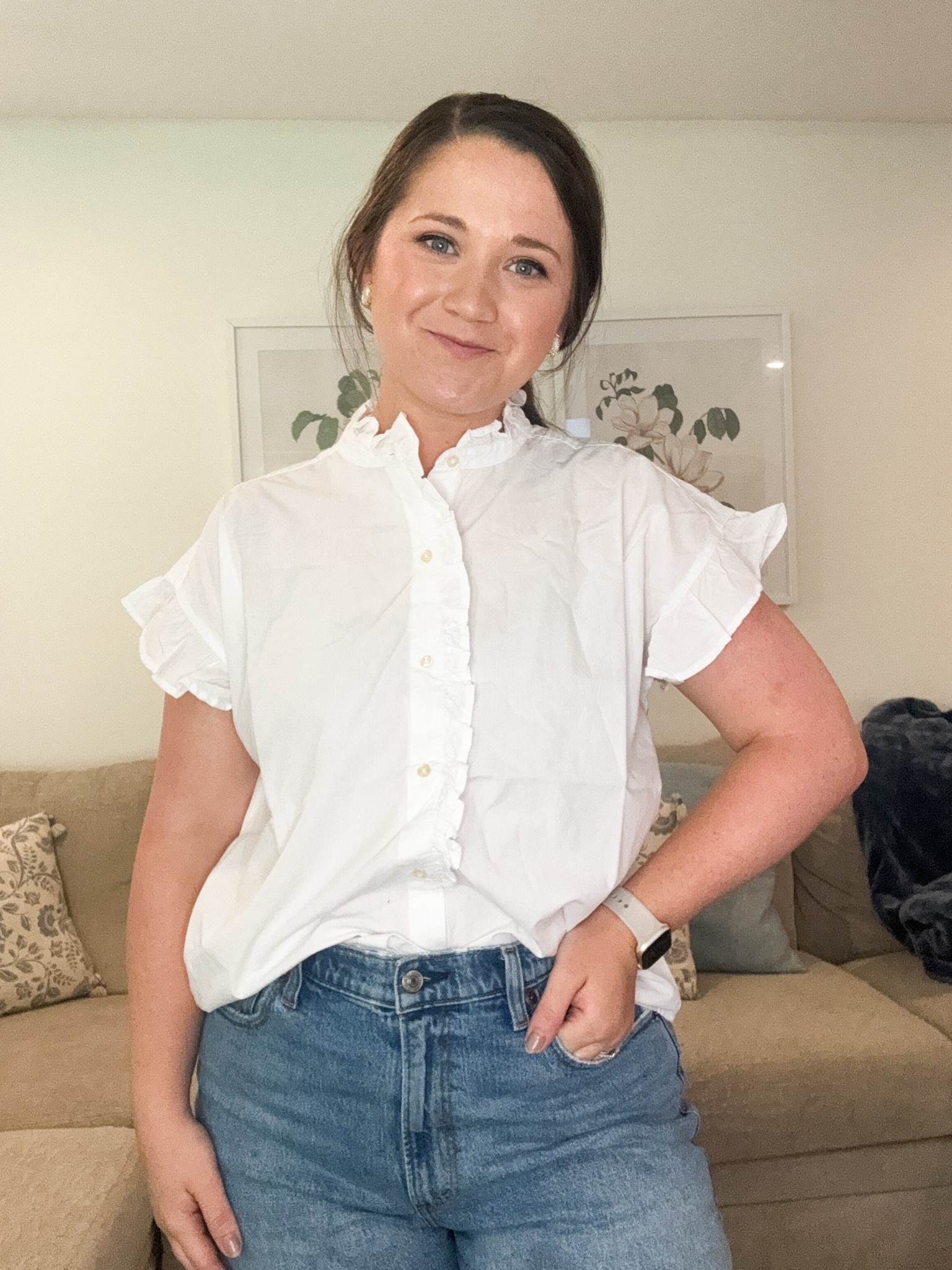 Look for less top. White blouse. Work outfit. Ruffle top 