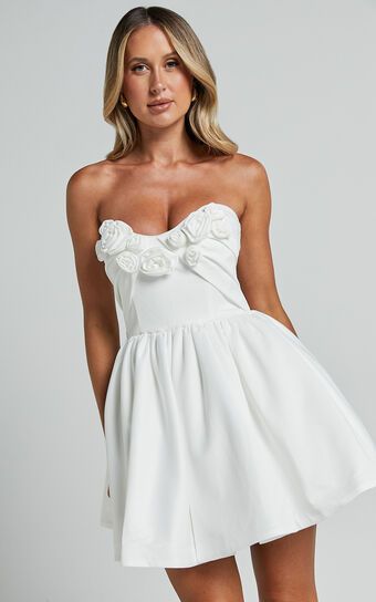 Angeletta Mini Dress - Sweetheart Rosette Detail Fit & Flare in White | Showpo (US, UK & Europe)