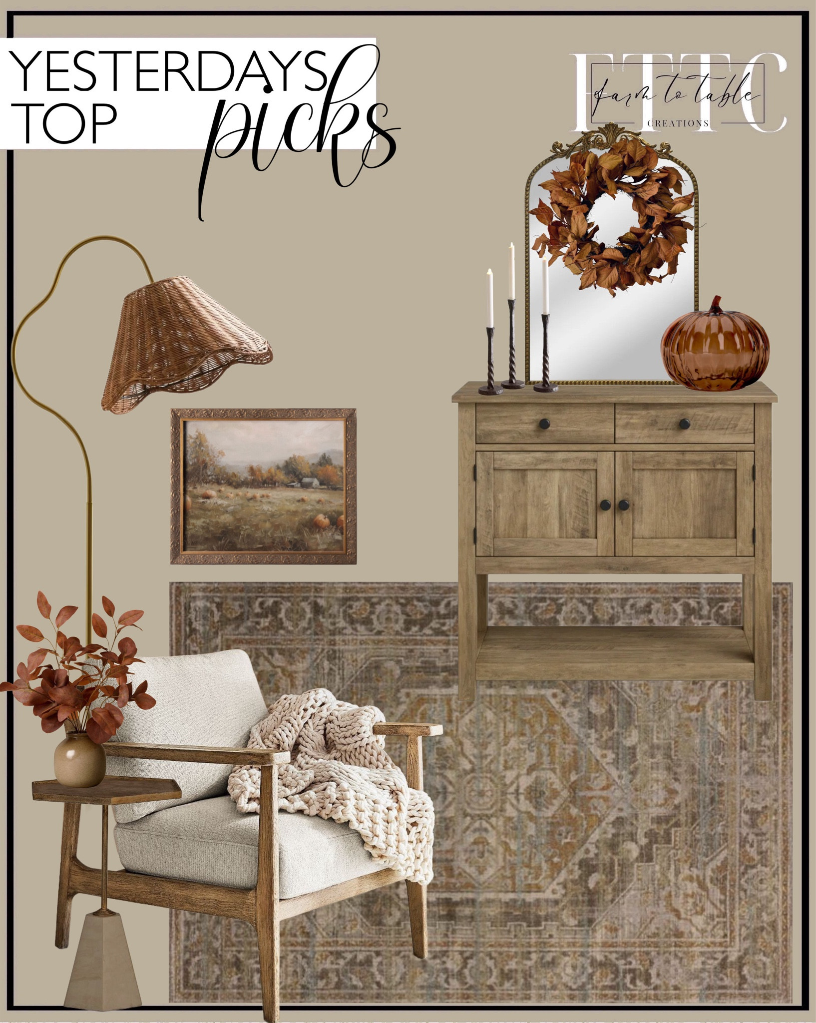 Yesterday’s Top Picks. Follow @farmtotablecreations on Instagram for more inspirational.

Lucinda Floor Lamp. Magnolia Leaf Wreath. Pumpkin Patch Art Print. Mona Area Rug. Cody Upholstered Arm Chair. Garmon Console Table with Drawers. Better Homes & Gardens 20" x 30" Filigree Arch Metal Wall Mirror Decor in Gold. Faux Rusted Silver Dollar Fall Arrangement. Honeycomb Marble Side Table. Glass Pumpkin Figurine-Threshold. Easton Forged Iron Taper Candleholder.

Bedroom corner | Coffee Table Decor | Fall Decor | Fall Stem Sale | Target Finds | Skinny Bench | Bedroom | Living Room | Breakfast Nook | Amazon Home | Target Sale | Loloi Rugs | Magnolia Home | console table | console table styling | faux stems | entryway space | home decor finds | neutral decor | entryway decor | cozy home | affordable decor |  home decor | home inspiration | fall stems | fall console | spring vignette | fall decor | fall decorations | console styling | entryway rug | cozy moody home | moody decor | neutral home



#LTKFindsUnder50 #LTKSaleAlert #LTKHome