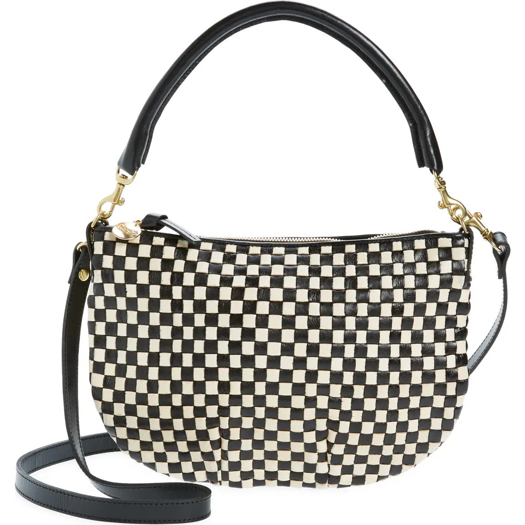 Clare V. Petit Moyen Woven Messenger Bag in Black And Cream Woven Checker at Nordstrom | Nordstrom