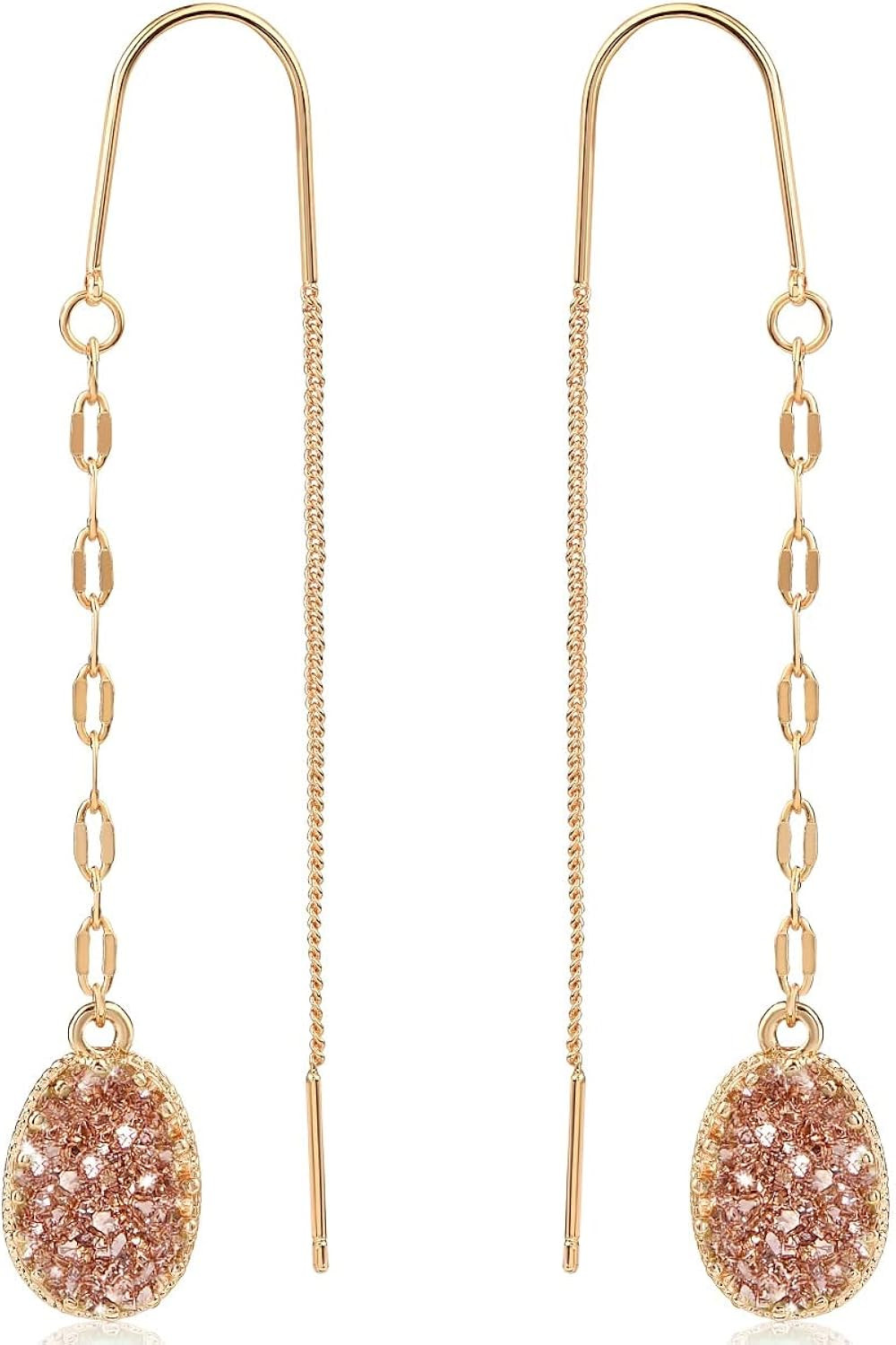 Humble Chic Simulated Druzy Chain Bar Threaders - Boho Glitter Gold-Tone Long Sparkly Needle Drop Ea | Amazon (US)