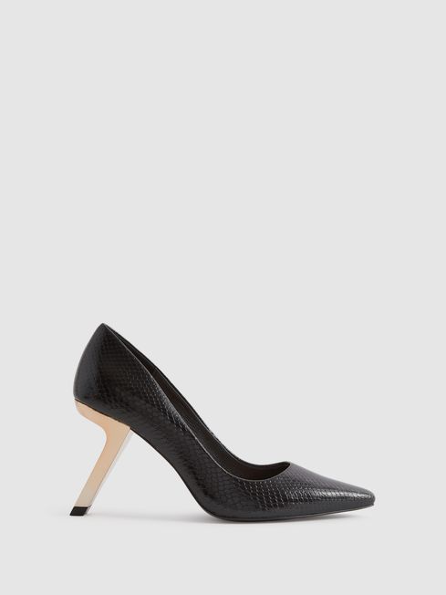 Reiss Black Monroe Leather Angled Heel Court Shoes | Reiss UK