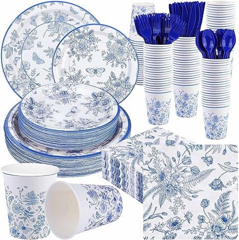 Kochorie 400 Pieces Blue and White Flower Disposable Party Tableware Sets Including Plates Cups N... | Amazon (US)