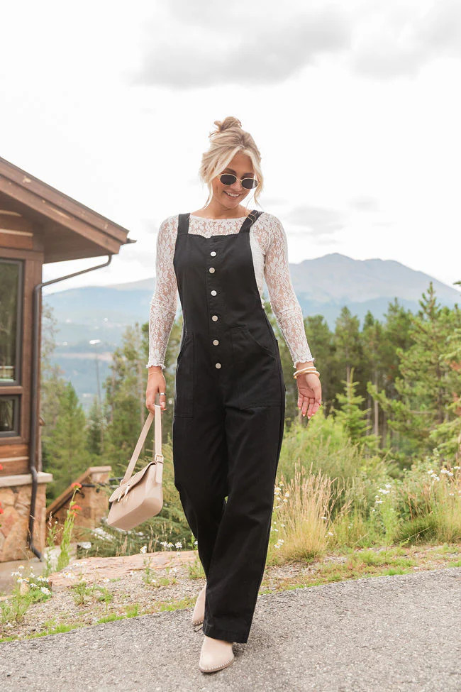 Can't Replace You Black Button Front Wide Leg Overalls | Pink Lily