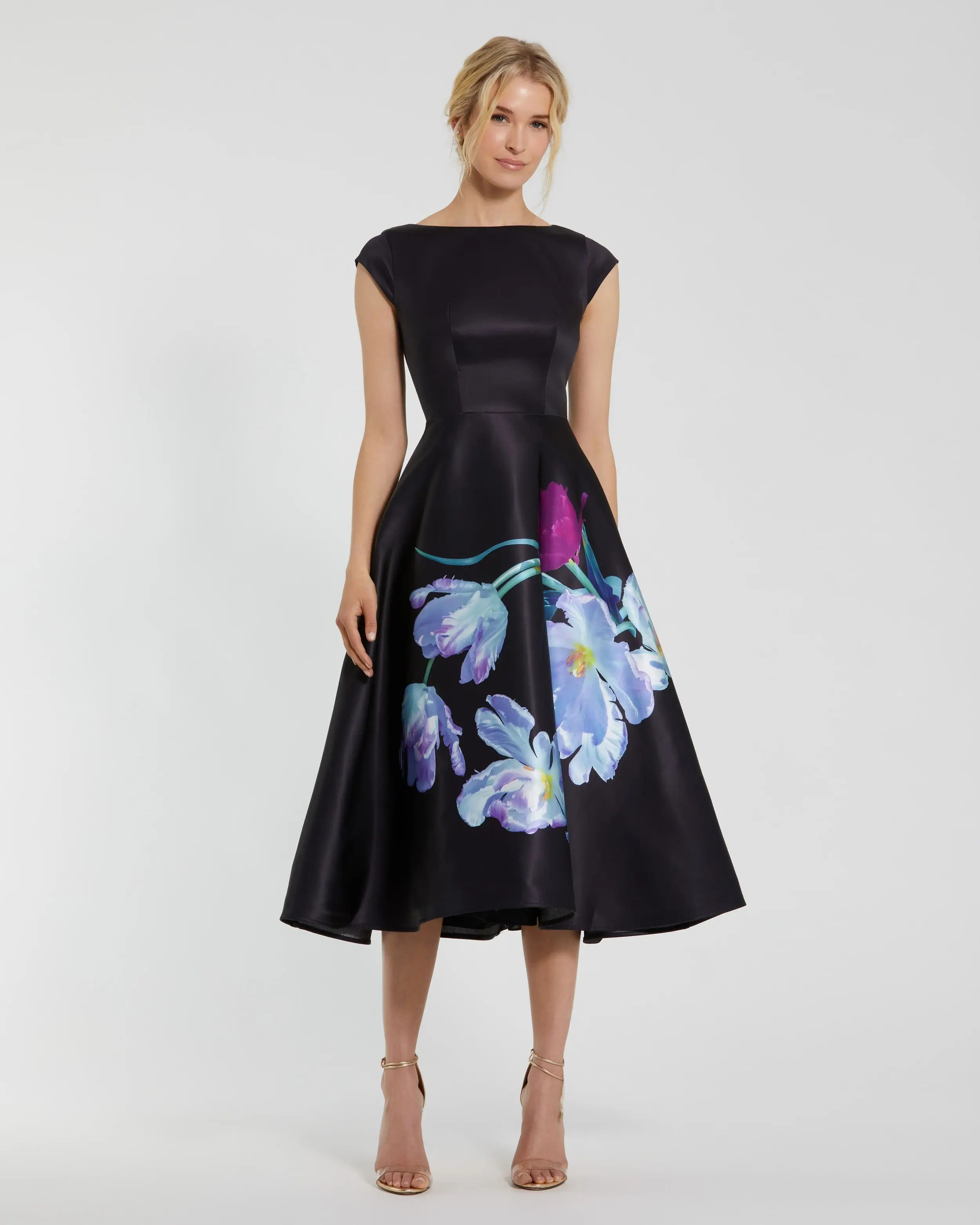 Petite Black Satin Cap Sleeve Midi Dress With Floral Print - Mac | Mac Duggal