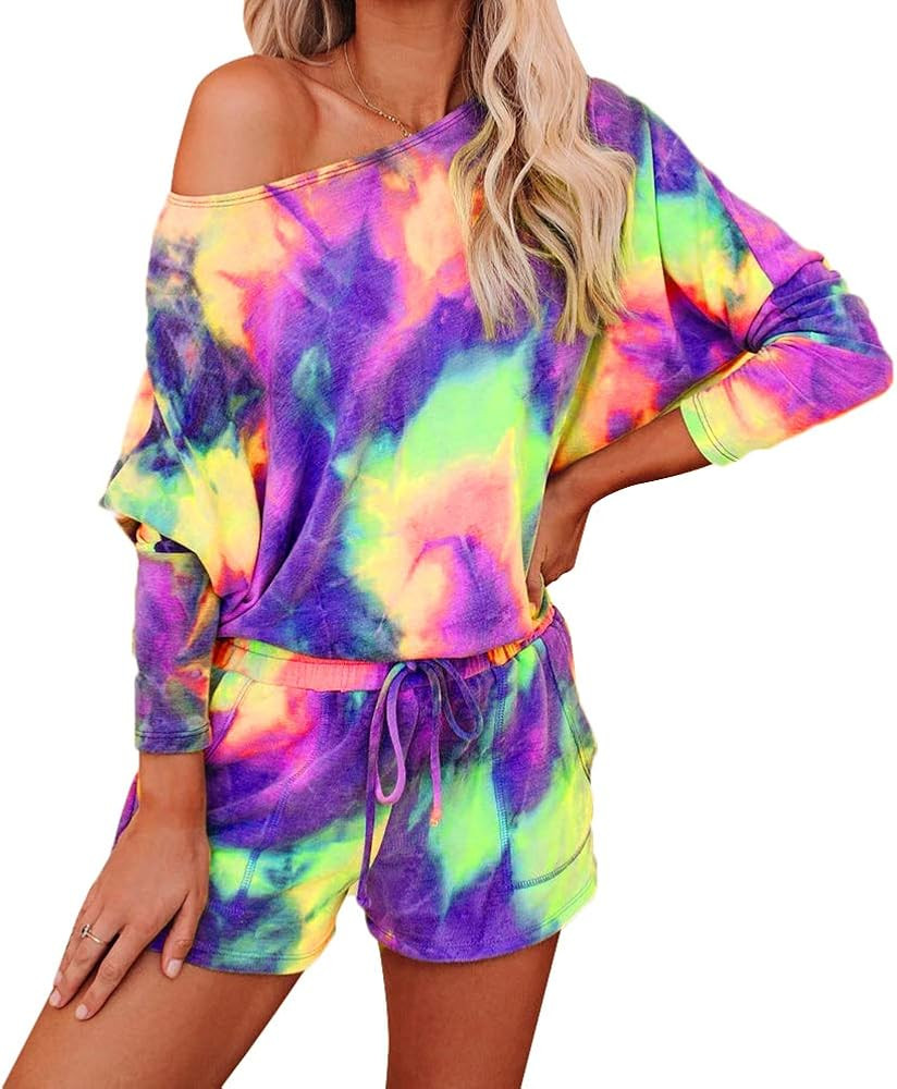 Women 2 Piece Tie Dye Sweatsuit Set Long Sleeve Pullover + Drawstring Sweatpants Shorts Sets | Amazon (US)