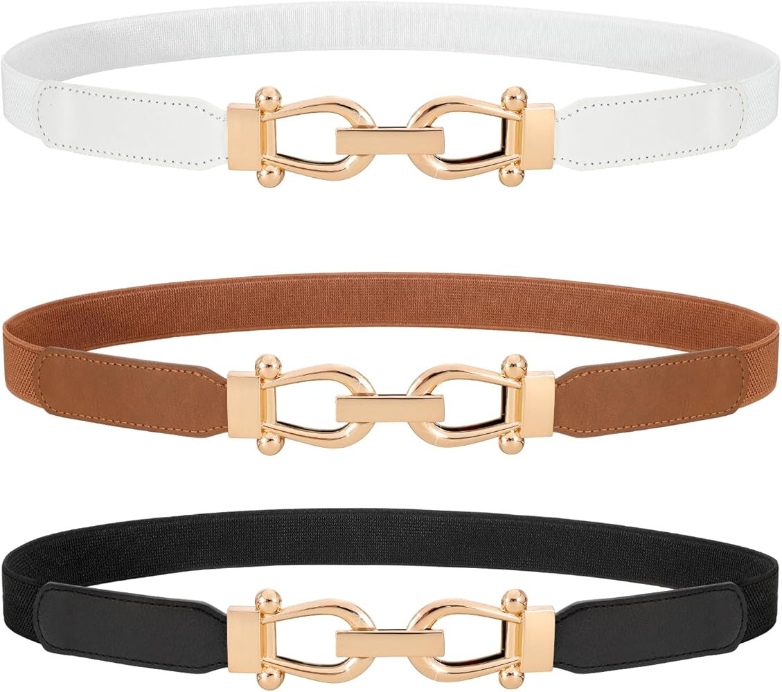 WERFORU 3 Pack Women Skinny Elastic Waist Belt Gold Buckle Stretchy Thin Belt for Jeans Dress | Amazon (US)