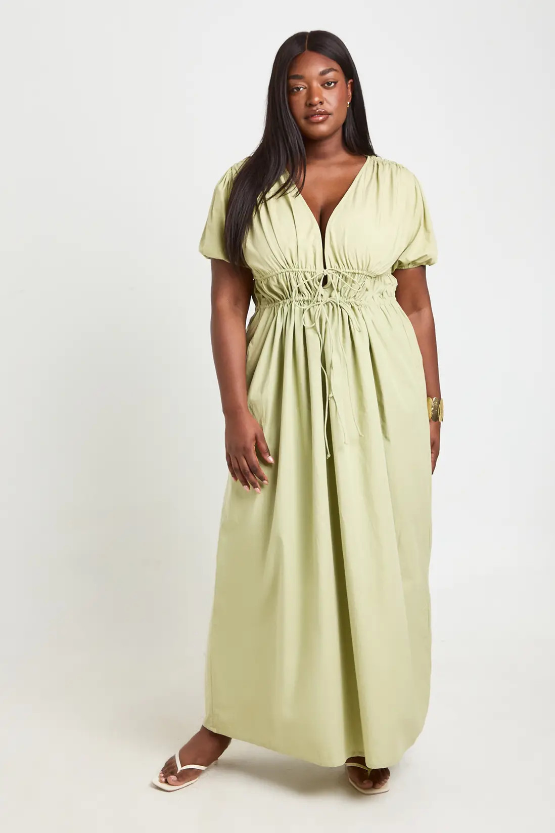 Sage Plus Ruched Tie Front Maxi Dress | Boohoo USA | boohoo (US & Canada)