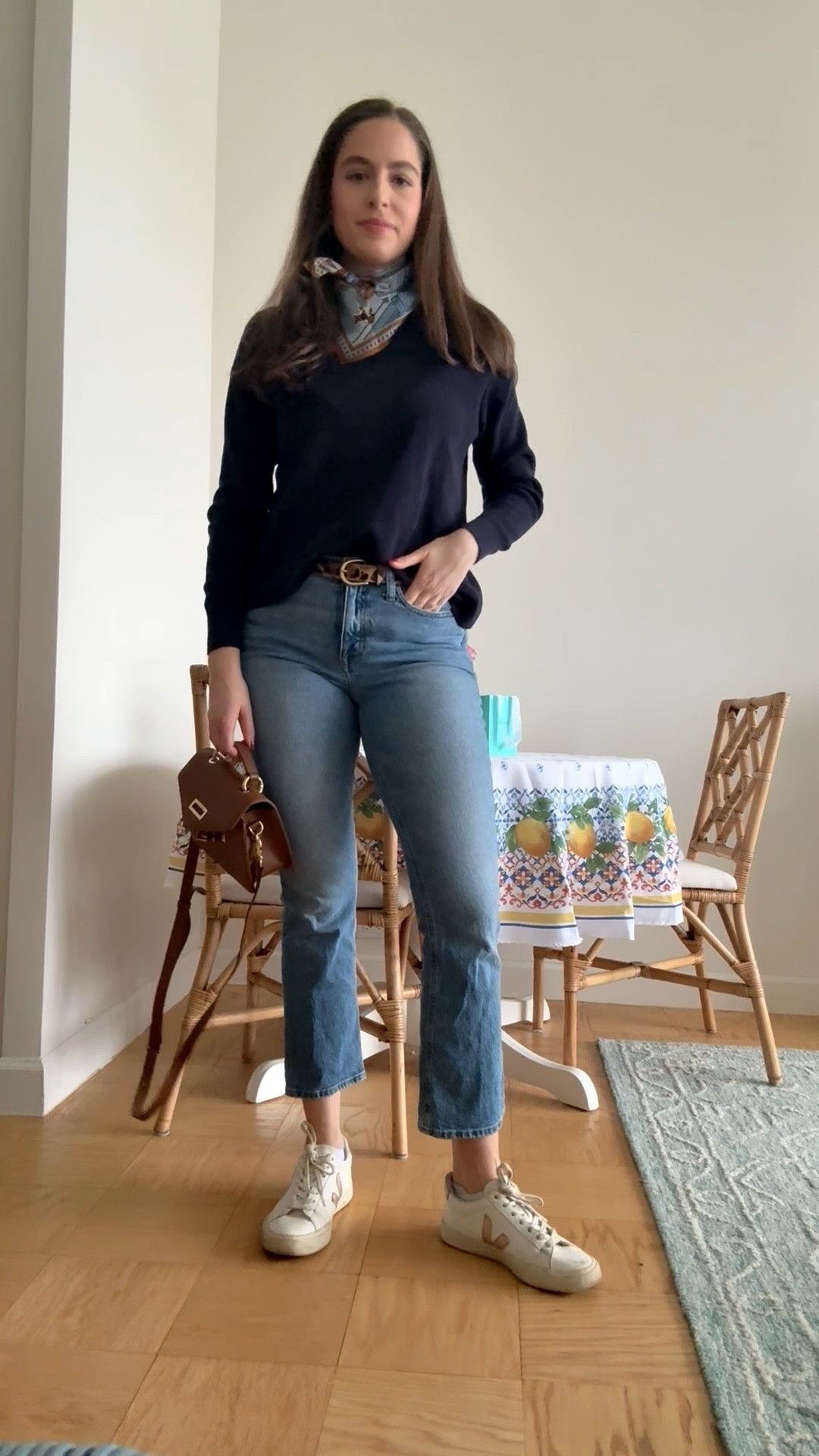 Casual outfit, casual winter outfit, casual Saturday, casual day in nyc, silk scarf, light wash jeans, navy sweater, white leather sneakers, white sneakers, white tennis shoes, how to wear a silk scarf, how to style a silk scarf, leopard belt

#LTKootd #LTKTall #LTKSeasonal