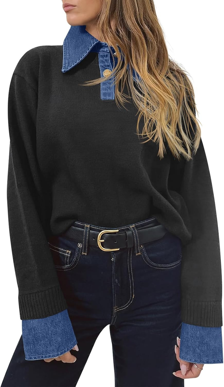 Saodimallsu Womens Denim Patchwork Sweaters V Neck Polo Pullover Tops | Amazon (US)