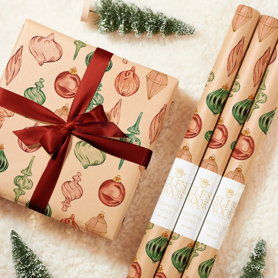 Eco Christmas Wrapping Paper With Vintage Red & Green Ornaments Recycled Sustainable Gift Wrap fo... | Etsy (US)