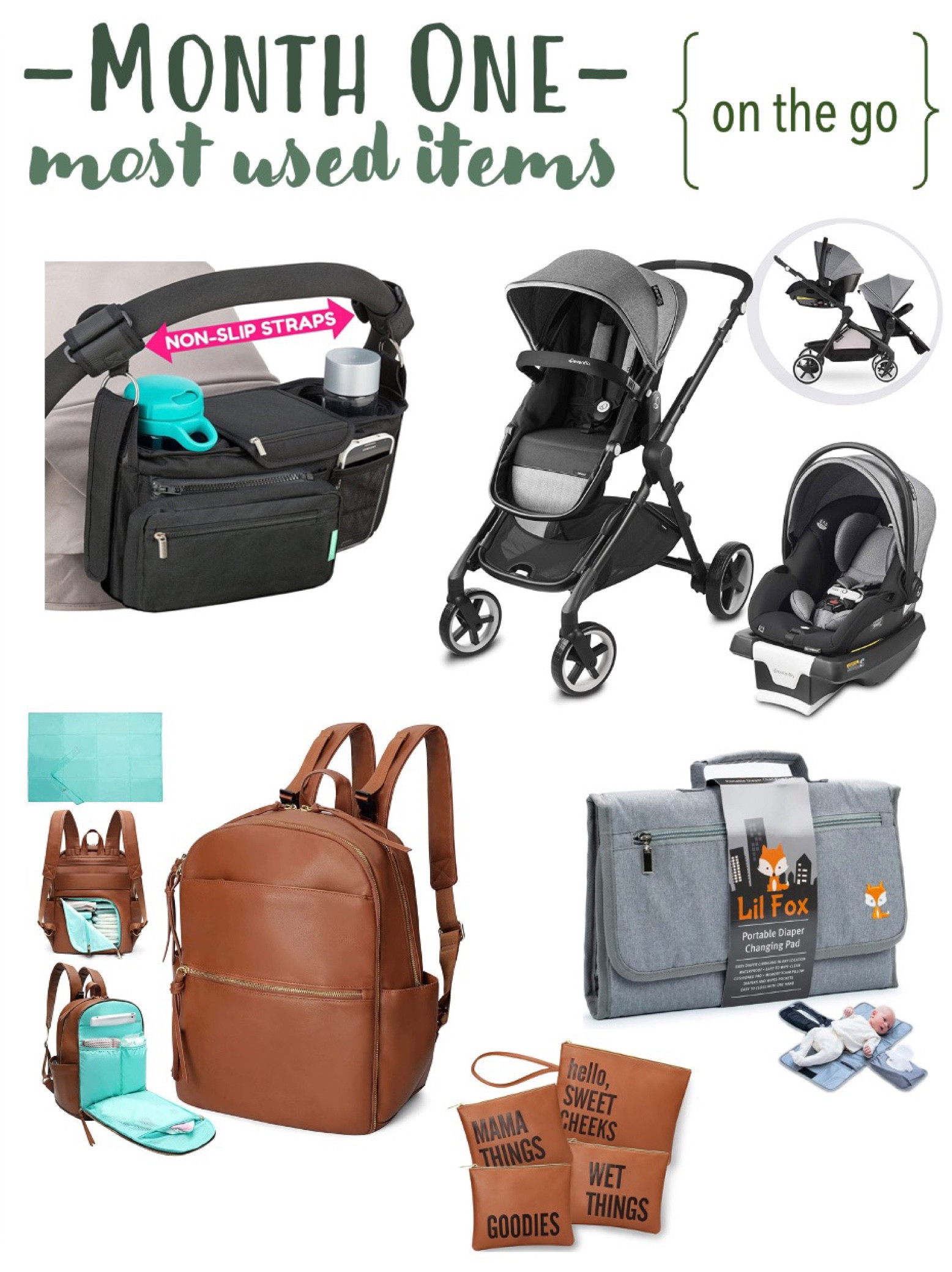 little E is already ONE MONTH old, howww is that possible!? 

after one month, here are the things we used most on the go — 

Evenflo Travel System: I am obsessed with this stroller and car seat combo. We got the Evenflo Gold Pivot Expand and would highly recommend, but any of their options are a solid choice 

Stroller Organizer: such a nice add to the stroller! Love having a place for phone, wallet, keys, water bottle, etc. 

Diaper Bag: the bag of essentials you obvi cannot leave the house without. This one is 10/10 

Diaper Bag Organizing Bags: little bags to keep the big bag organized - a must have. When things seem crazy in life, keeping myself organized on the go has been so helpful 

Changing Mat: a clean place to change baby, no matter where you are + it stores diapers/wipes for easy grab and go changes   

#LTKkids #LTKbump #LTKbaby