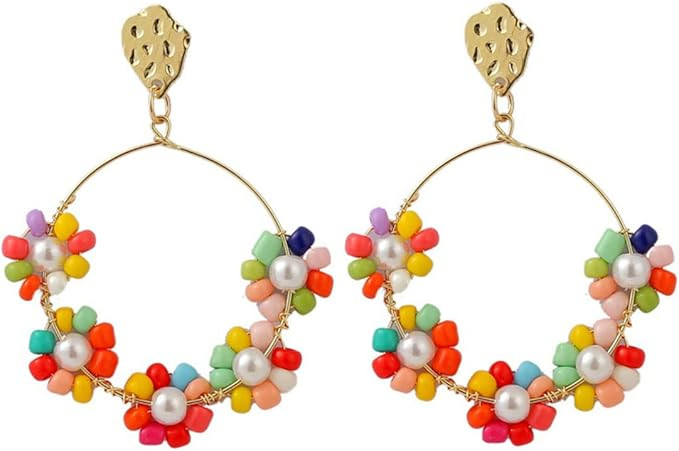 Resin Beaded Earrings for Women Girls Colours Rice Beads Hoop Earrings Circle Flowers Dangle Drop... | Amazon (US)