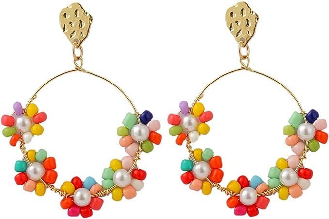 Resin Beaded Earrings for Women Girls Colours Rice Beads Hoop Earrings Circle Flowers Dangle Drop... | Amazon (US)