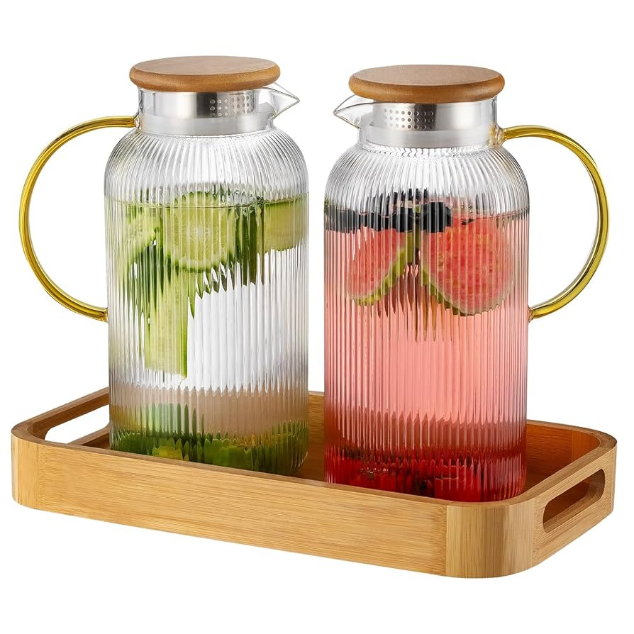 Glass Pitcher with Lid, 2 PACK 68 oz/2 Liter Vertical Water Pitcher With Serving Tray, Clear Boro... | Amazon (US)