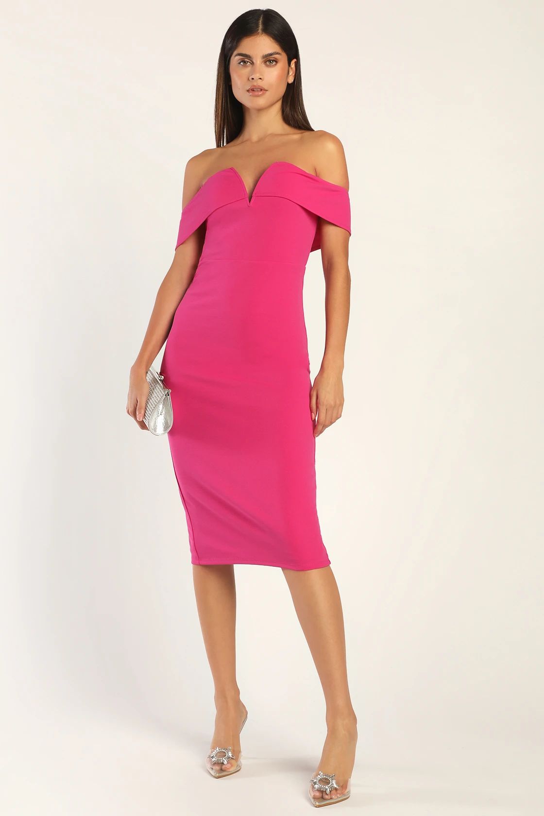 My Favorite Night Pink Off-the-Shoulder Bodycon Midi Dress | Lulus (US)
