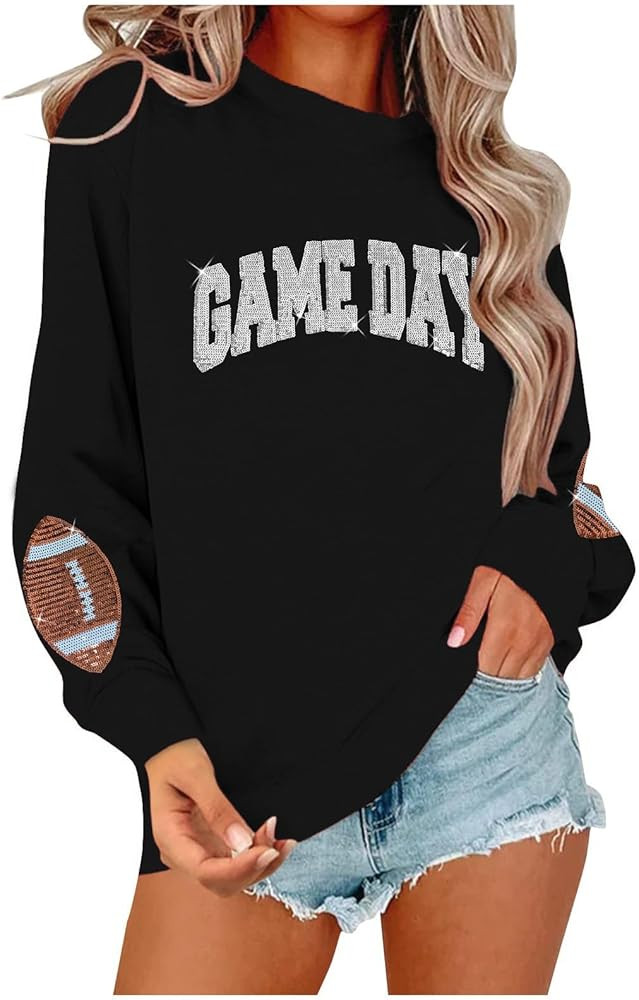 Game Day Sweatshirt for Women Sequin Football Long Sleeve Shirt Crew Neck Sunday Funday Pullover ... | Amazon (US)