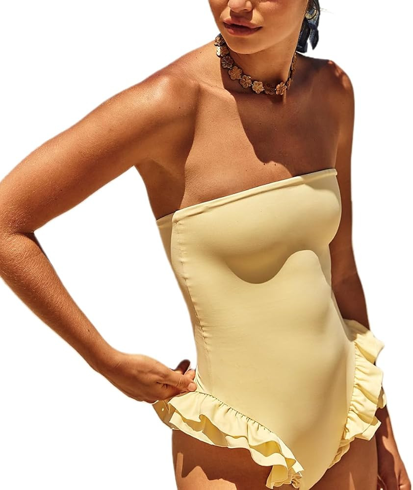 Mxiqqpltky One Piece Womens Swimsuits Y2k Ruffle Bathing Suit Spaghetti Strap Square Neck Tummy C... | Amazon (US)