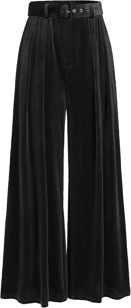 CIDER Velvet Mid Waist Pocket Wide Leg Trousers with Belt | Amazon (US)