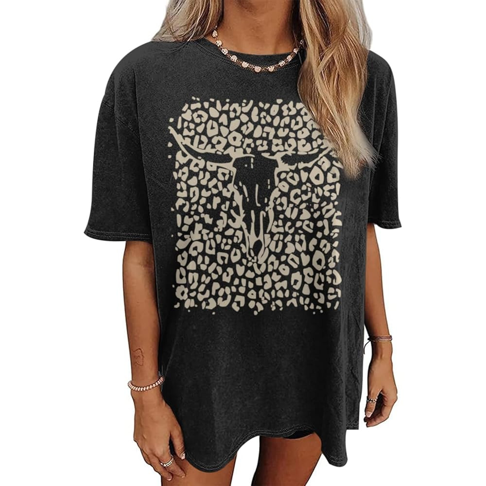 Western Cow Skull Shirts for Women Boho Cowgirl Shirt Vintage Acid Wash Tshirt Oversize Rodeo Gra... | Amazon (US)
