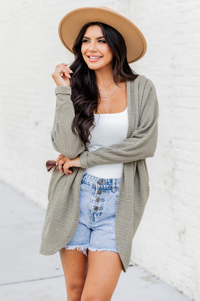 Exclaim My Love Olive Waffle Knit Cardigan | Pink Lily