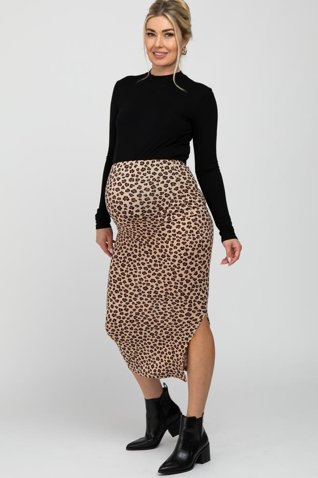Brown Animal Print Fitted Maternity Midi Skirt | PinkBlush Maternity