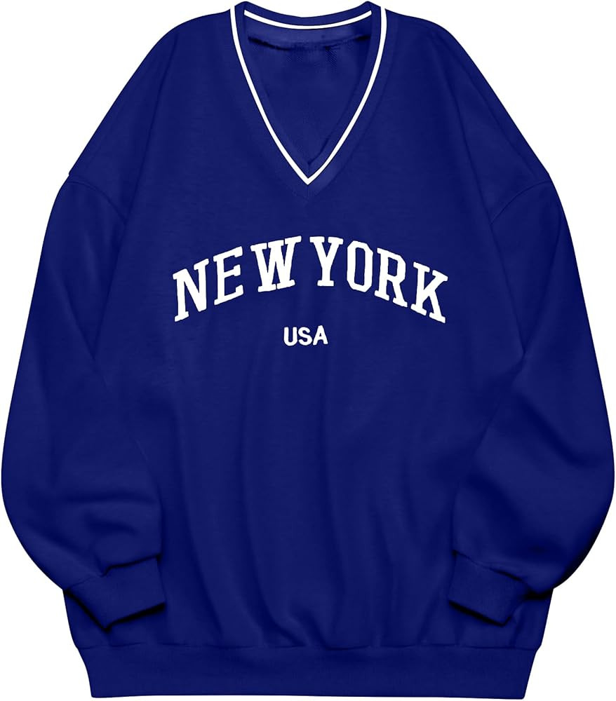 Remidoo Womens New York Embroidered V Neck Sweatshirt Oversized Long Sleeve Pullover Top | Amazon (US)