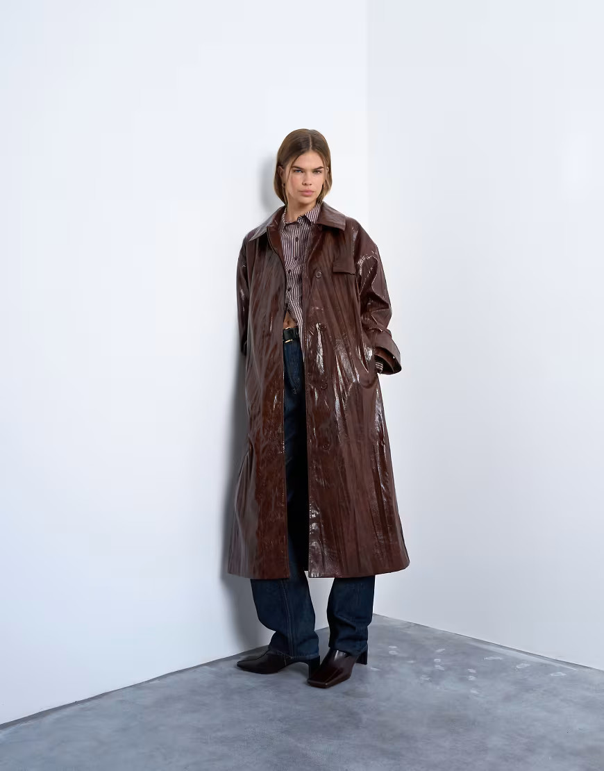 Topshop faux leather high shine trench coat in washed brown | ASOS (Global)