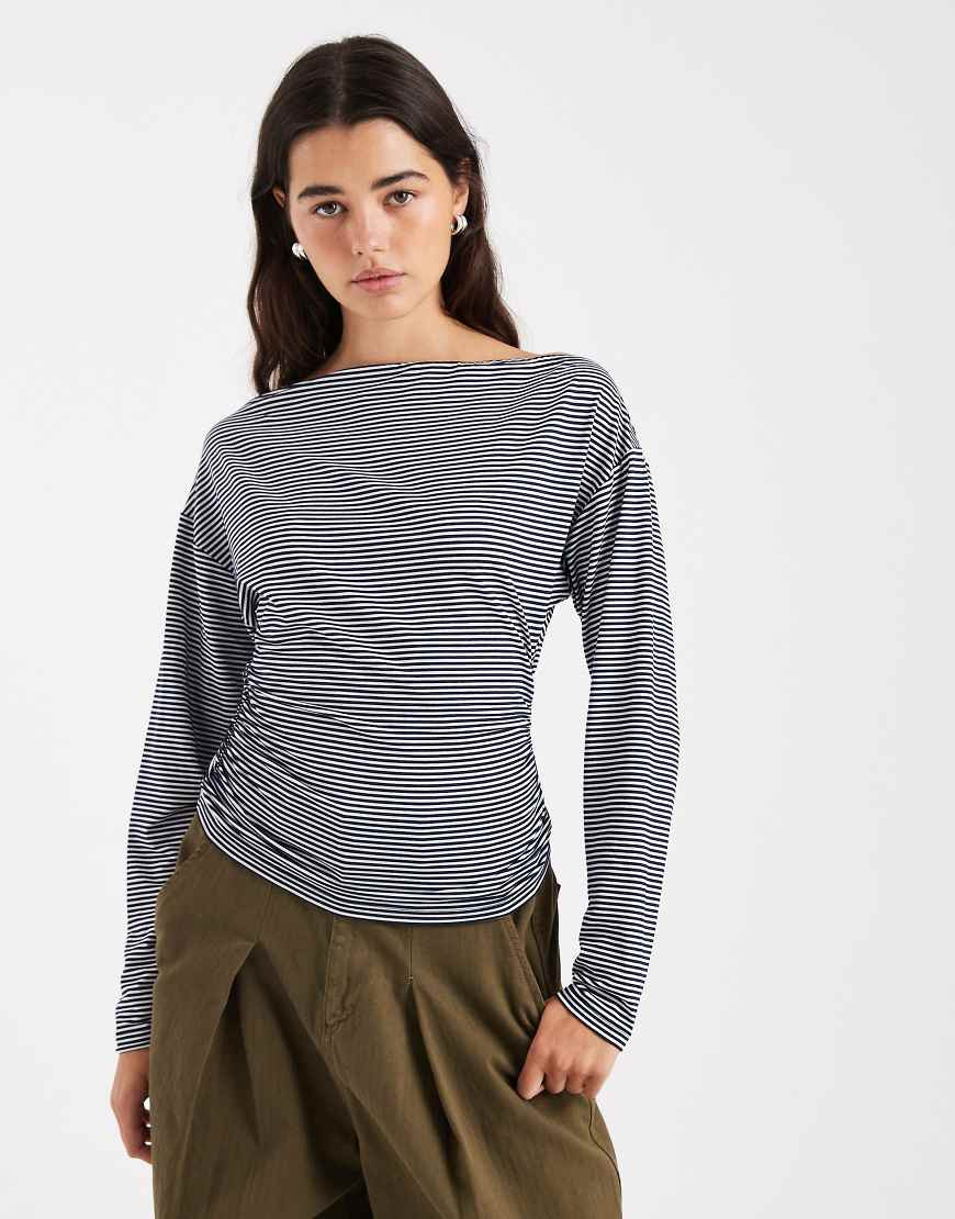 ASOS DESIGN striped cinched asymmetric long sleeve top in navy and white stripe-Multi | ASOS (Global)