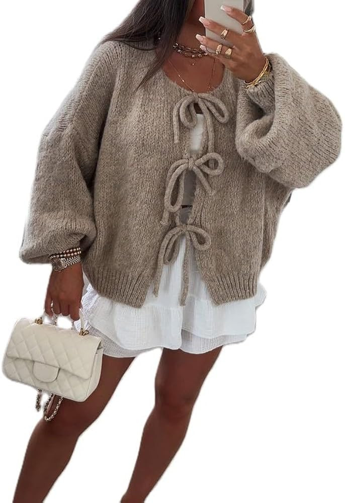 Women Tie Front Knit Cardigan Sweater Y2k Long Sleeve Open Front Knit Shirt Top Fall Oversized Kn... | Amazon (US)