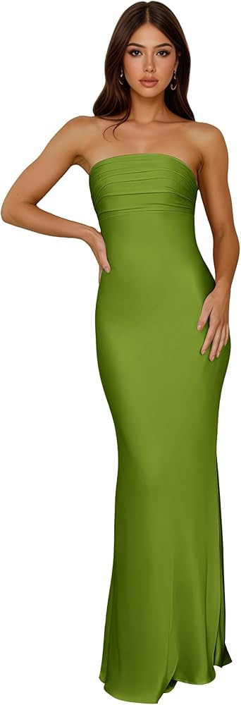 Satin Strapless Ruched Bridesmaid Dresses for Women 2026 Mermaid Long Formal Evening Party Gown | Amazon (US)
