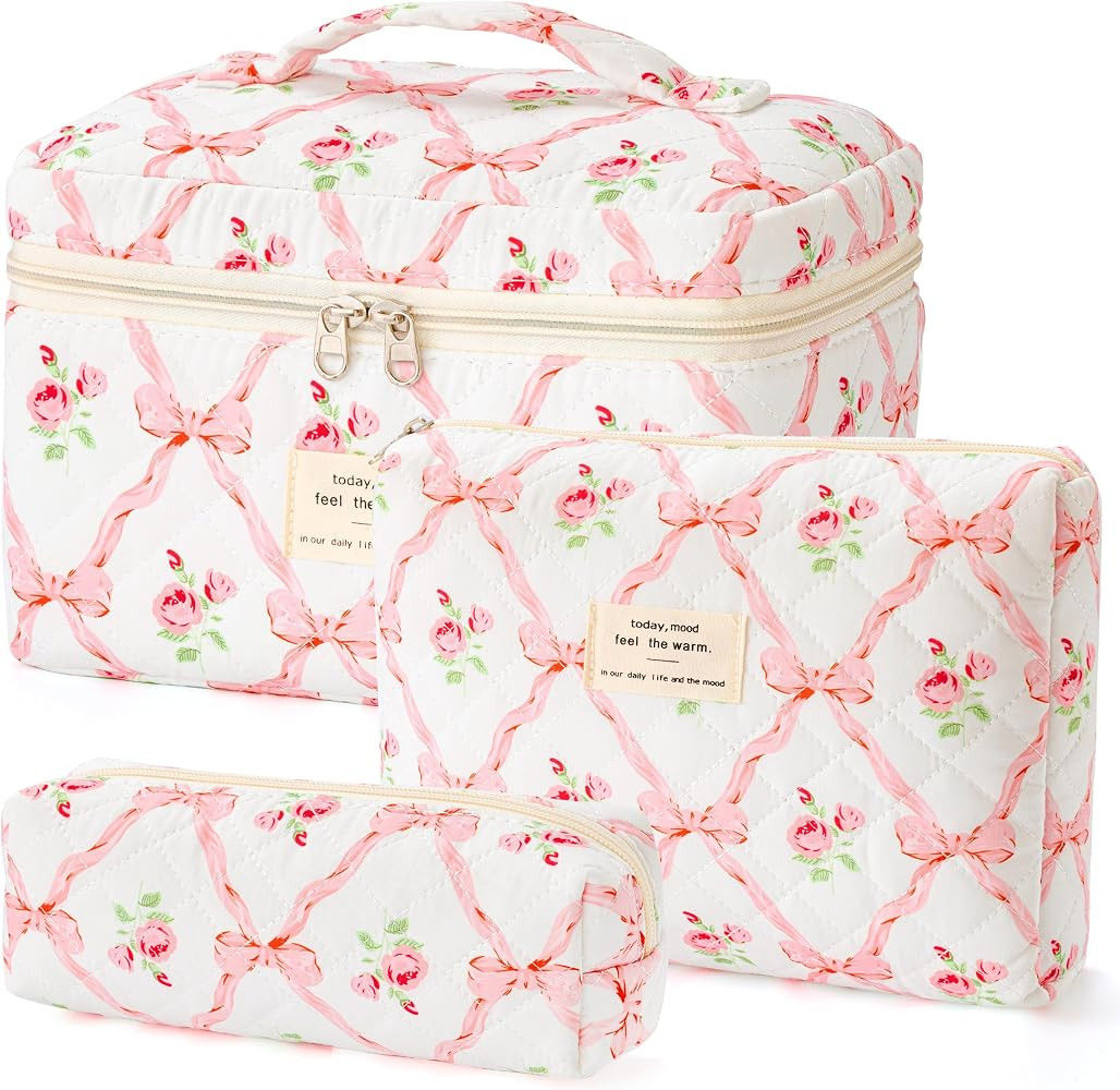 HBselect Quilted Makeup Bag, 3PCS Cotton Large Travel Makeup Bag, Cute Floral Coquette Make up Ba... | Amazon (US)