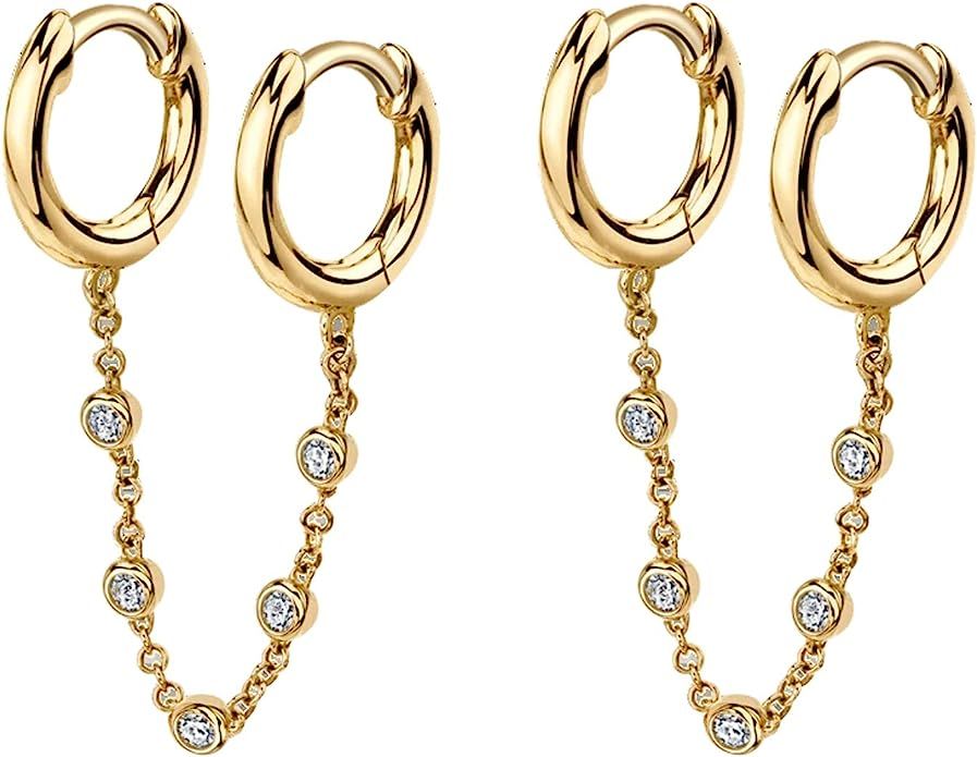 Double Hoop Chain Earrings Huggie Wrap with Chain Dainty Earrings Jewelry Gift for Women Girls | Amazon (US)