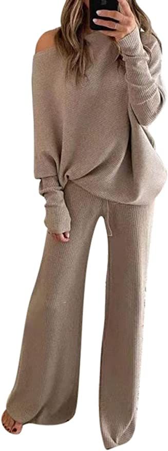 Fixmatti Women 2 Piece Knitted Outfit Pullover Sweater Top and Wide Leg Pant Set | Amazon (US)