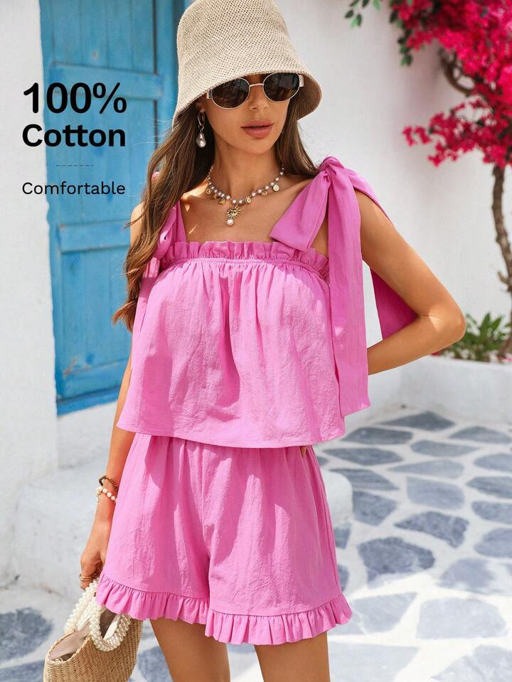 Vivid Eden Conjunto de 2 piezas de 100% algodón con top de tirantes con lazo y shorts para vacac... | SHEIN