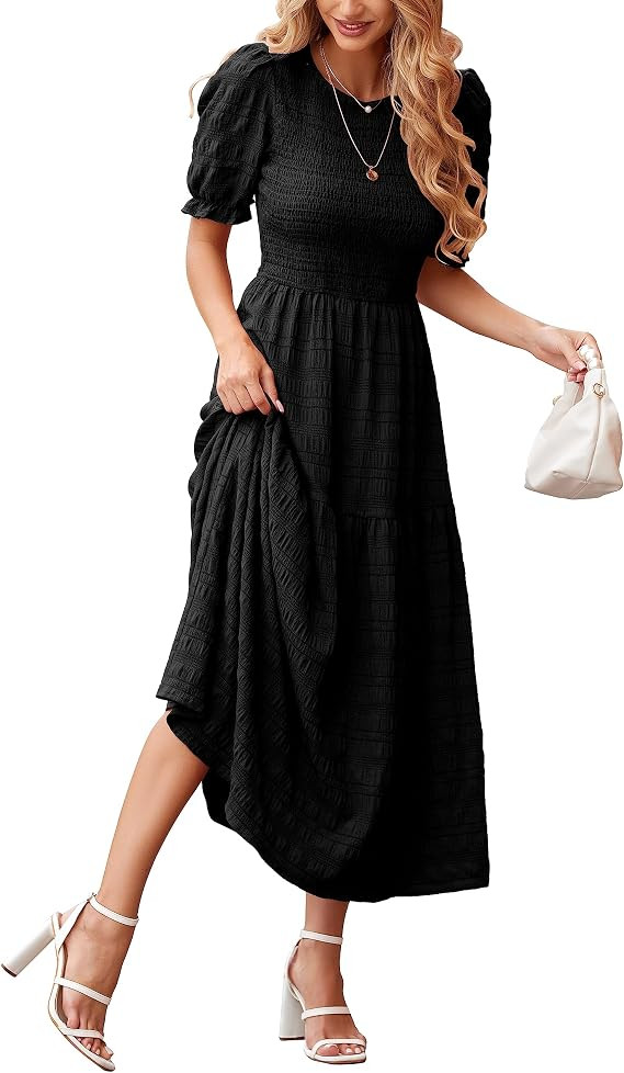 dowerme Womens Summer Dresses 2026 Casual Puff Short Sleeve Crewneck Smocked Flowy Ruffle Boho Be... | Amazon (US)