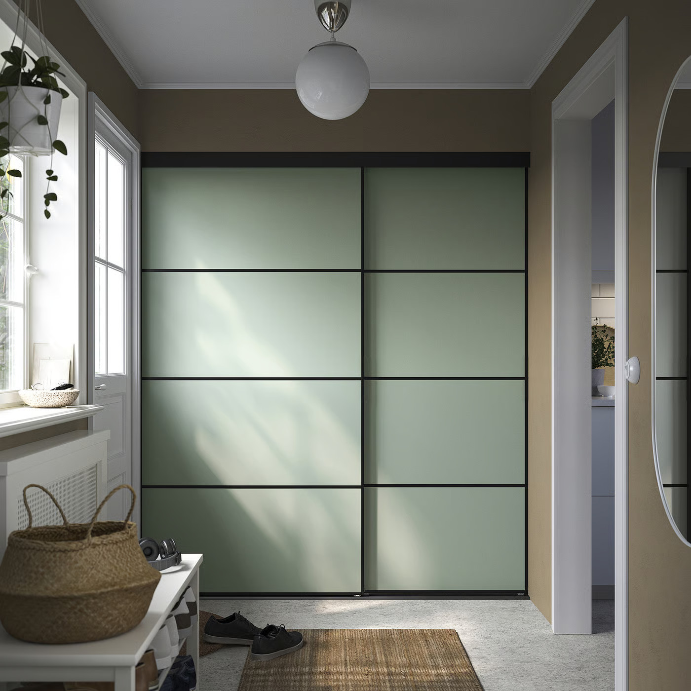 IKEA SKYTTA / BOAXEL reach-in wardrobe with sliding door, black metal/Mehamn light green, 69 5/8x25 5/8x80 1/2 | IKEA US