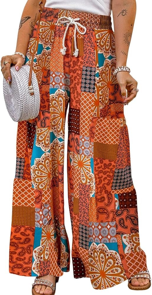 Happy Sailed Womens Boho Print Palazzo Pants Elastic High Waist Drawstring Wide Leg Hippie Flowy ... | Amazon (US)