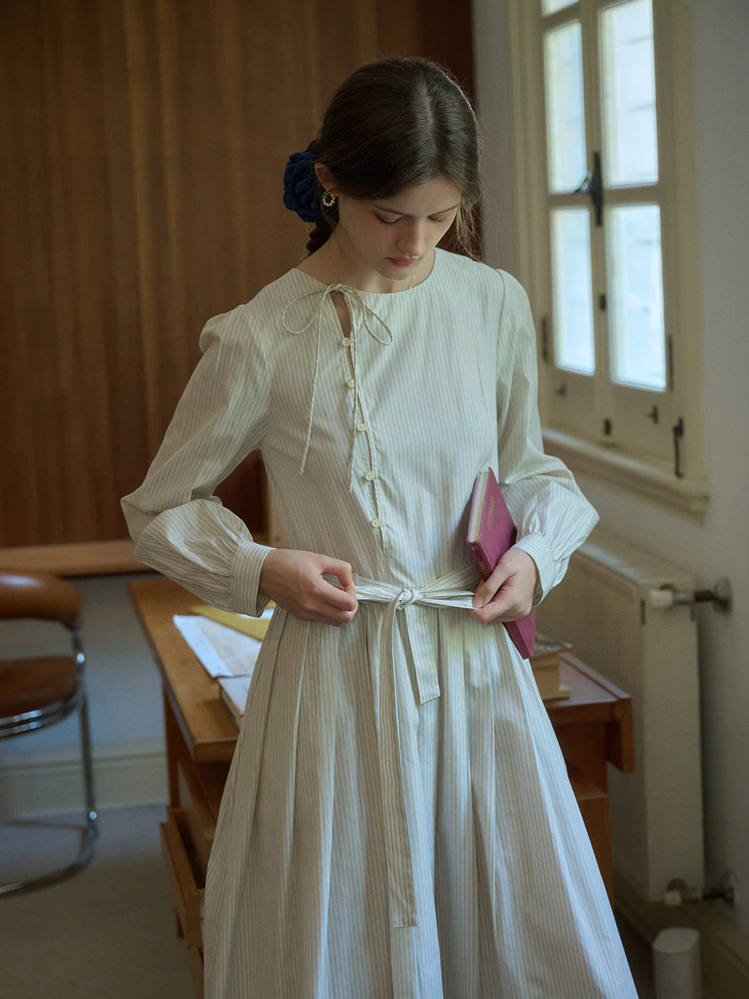 Marie Round Neck Bow Front Button Striped A-Line Dress | SimpleRetro
