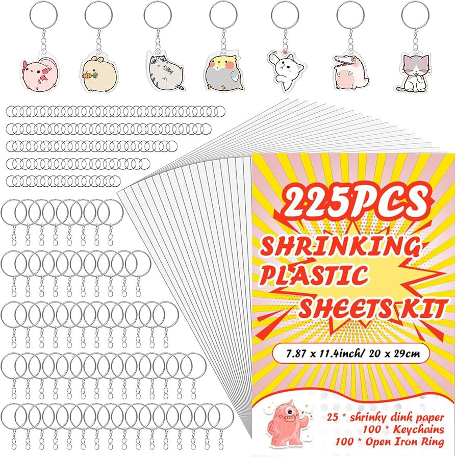 225PCS Shrink Plastic Sheets Kit with 25 PCS Shrinky Art Paper and 100 PCS Keychains 100PCS Open ... | Amazon (US)
